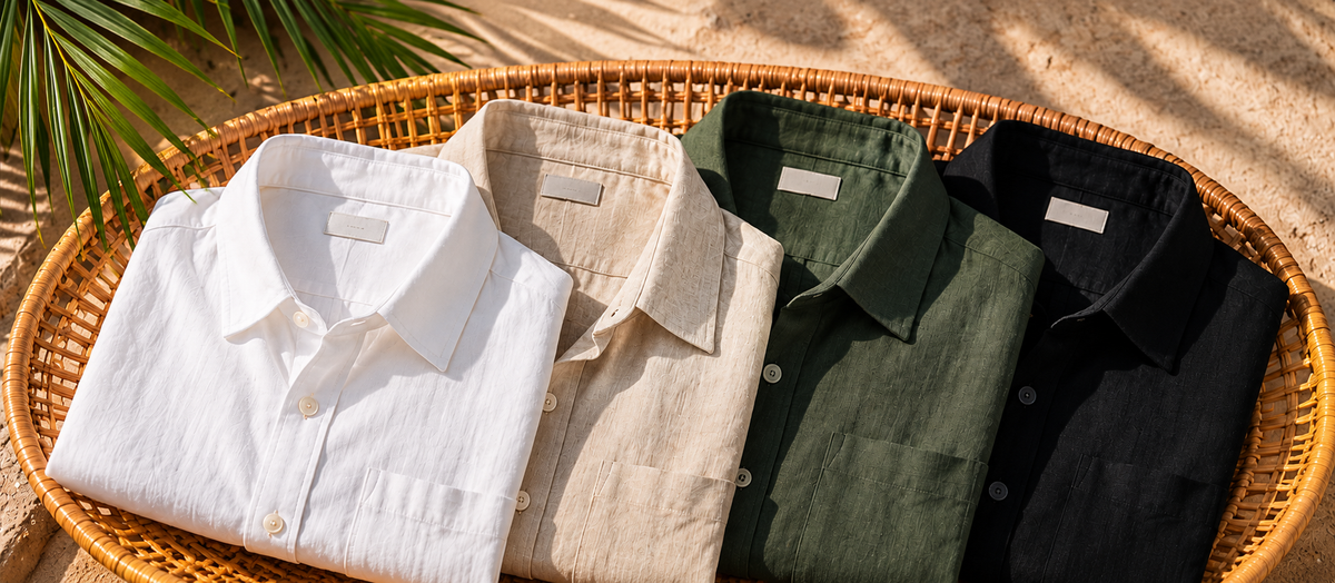 Four neatly folded men's linen shirts in white, beige, olive green and black